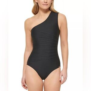 Calvin Klein Black One Shoulder Starburst 1pc Swimsuit 10 NWT